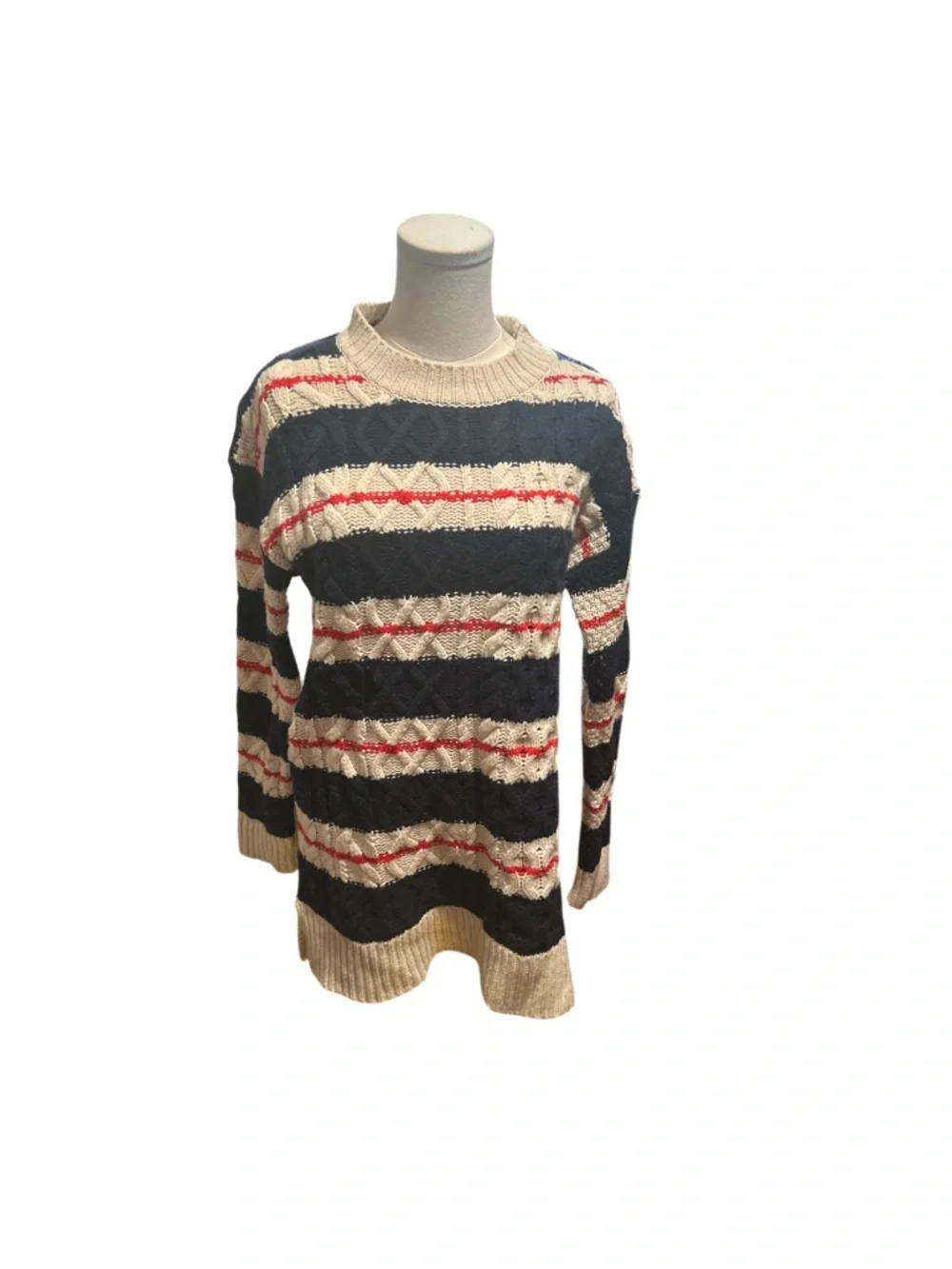 J.Crew Striped Cable Knit Nautical Tunic Sweater Navy Cream Red Small Merino